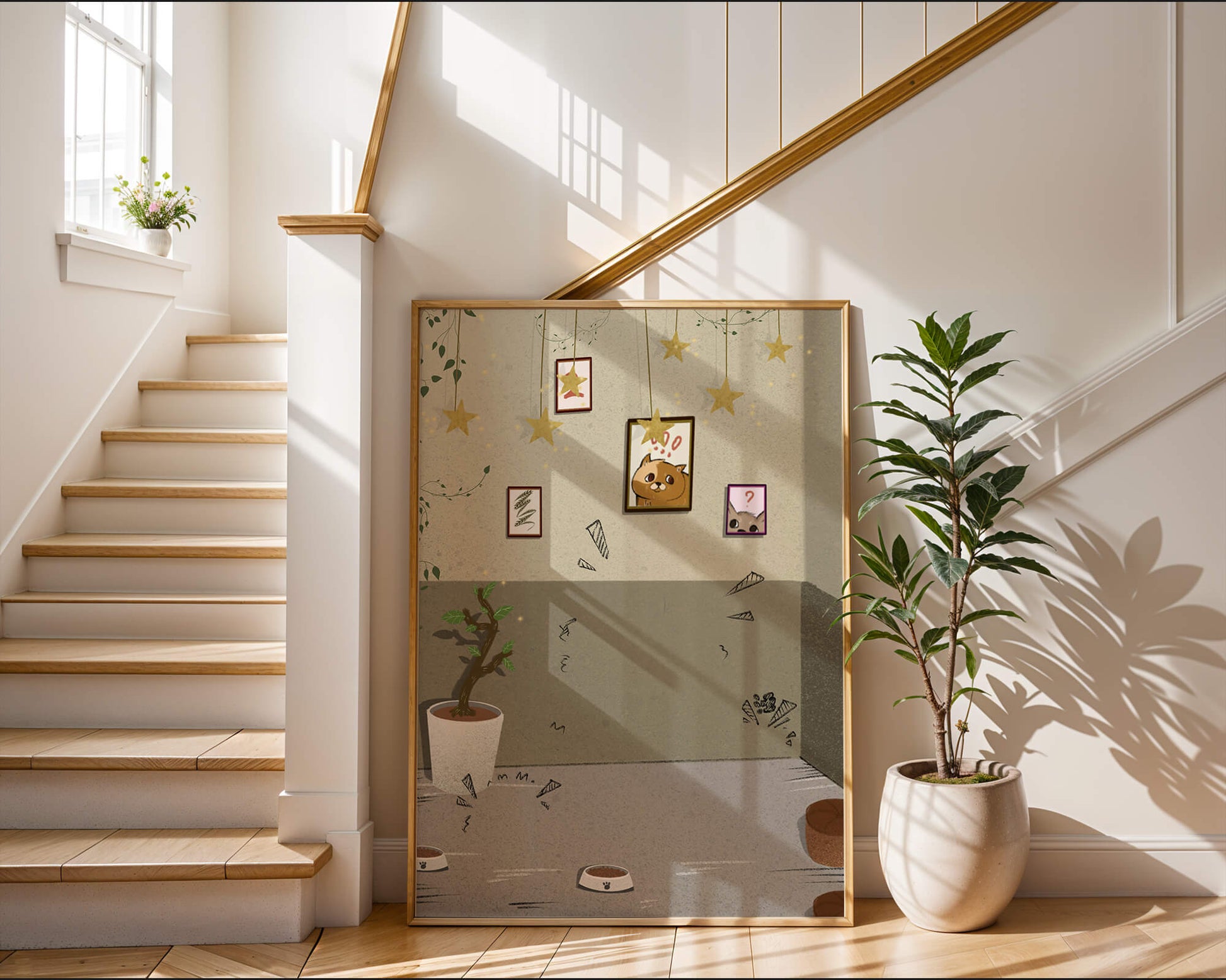 Cozy Room with Star Decorations and Cat Artwork