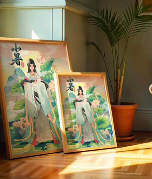Elegant woman in traditional attire with lotus flowers and serene backdrop