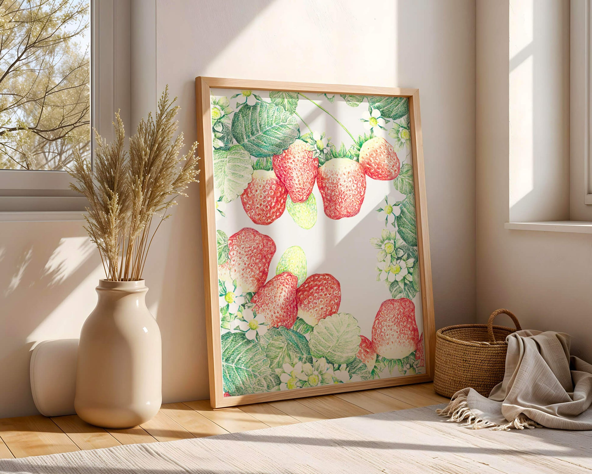 Illustration of strawberries and flowers with lush green leaves