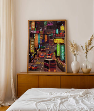Vibrant urban street with neon signs and bustling traffic at night