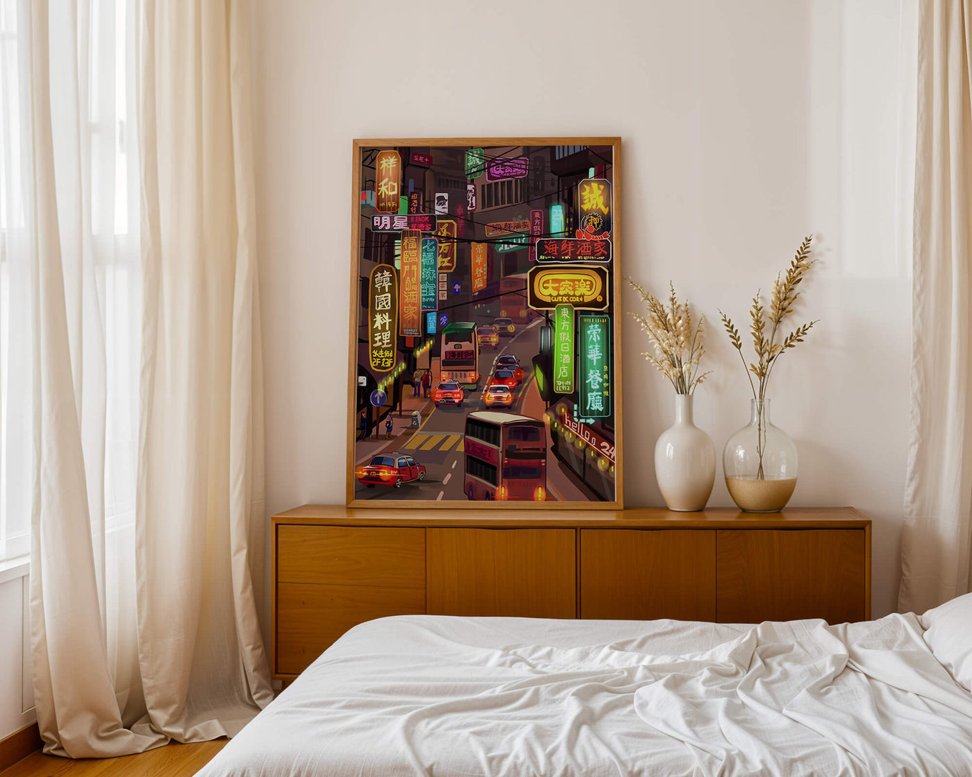 Vibrant urban street with neon signs and bustling traffic at night