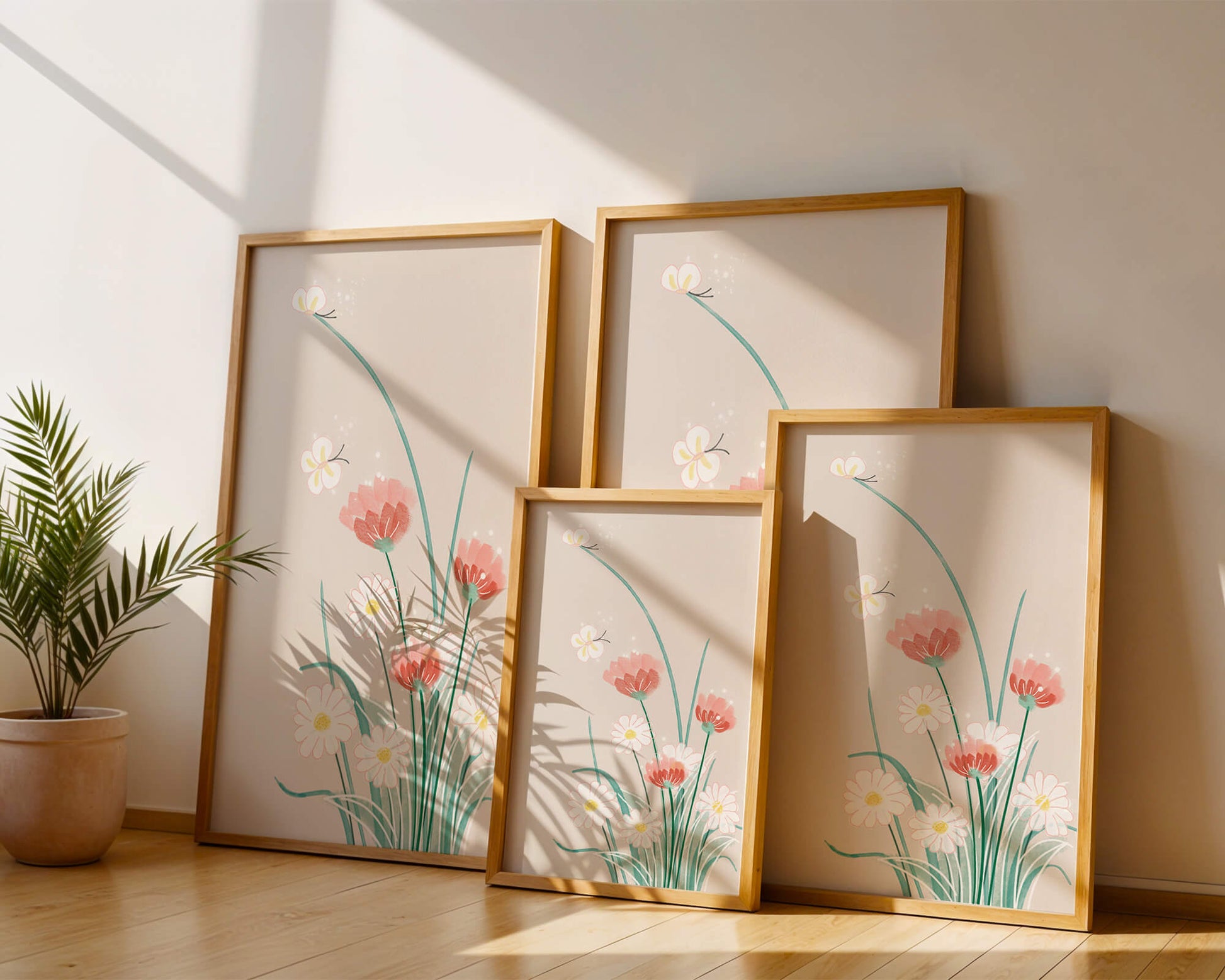 Delicate floral illustration with butterflies and wildflowers