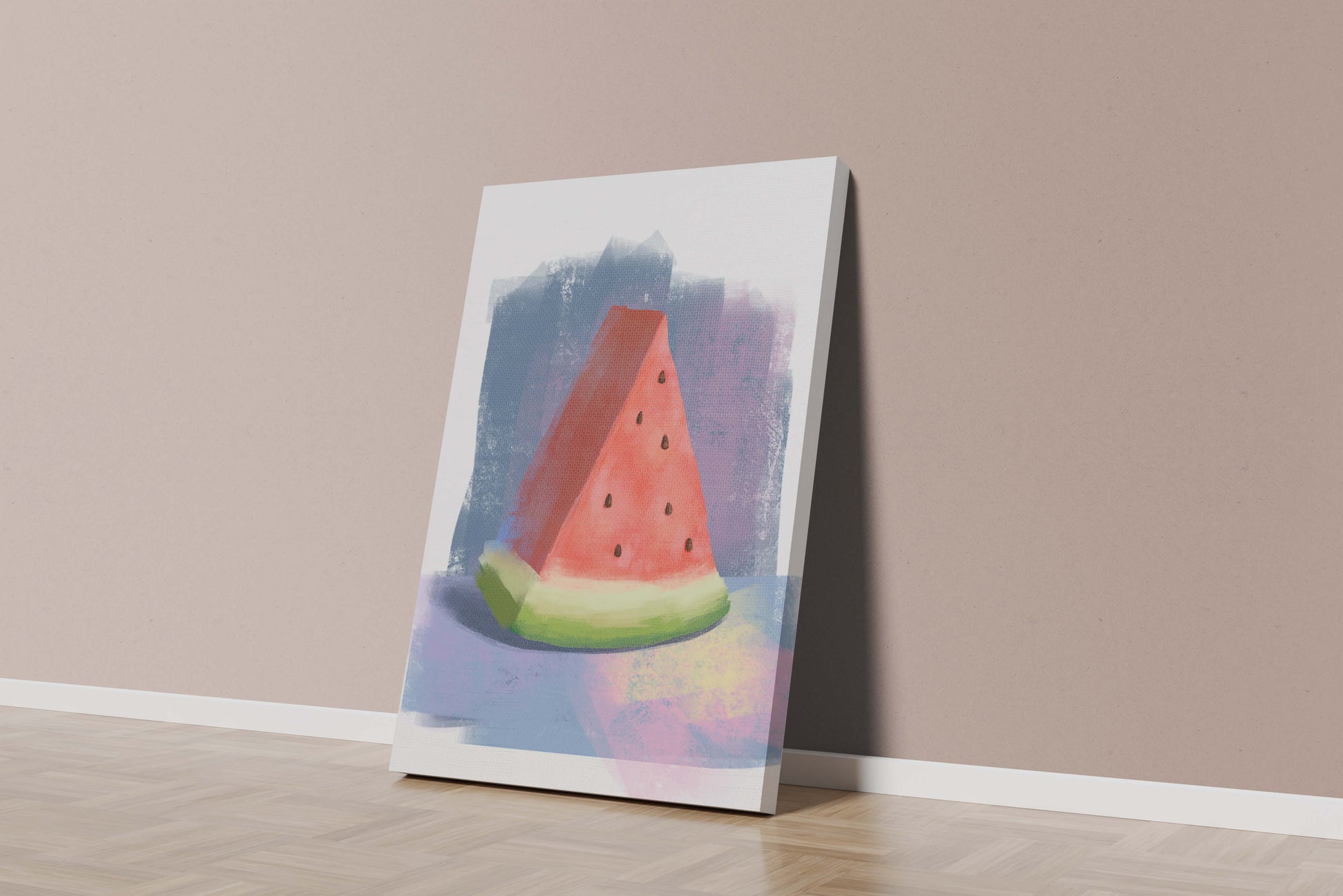 Watercolor illustration of a watermelon slice with abstract background