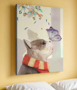Cat Staring at Butterfly with Floral Elements - Mi tienda