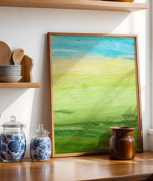 Paisaje abstracto con cielo azul y campos verdes