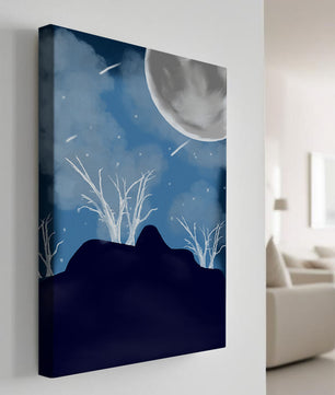 Paysage nocturne d'hiver avec arbres nus et pleine lune