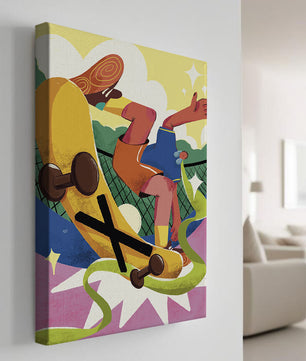 Ilustración abstracta colorida con un skater en movimiento dinámico