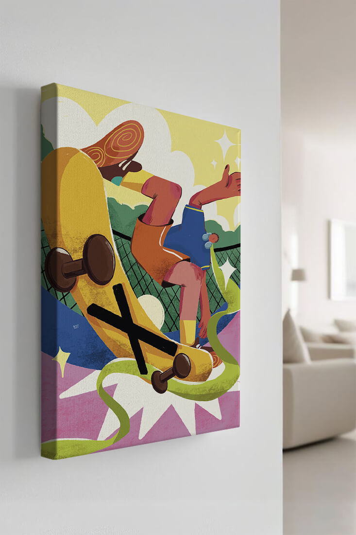 Ilustración abstracta colorida con un skater en movimiento dinámico