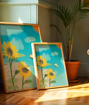 Sunflowers And Butterflies Under A Bright Blue Sky