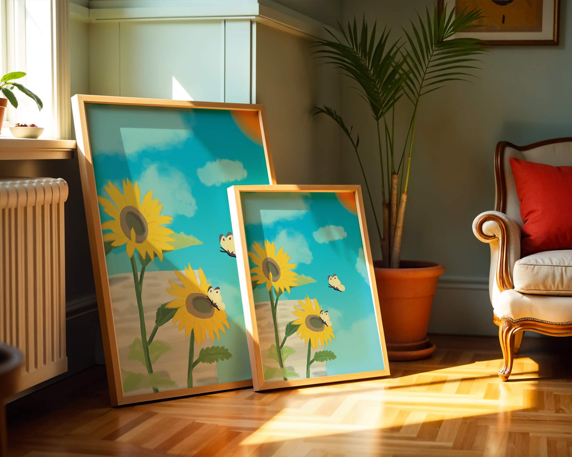 Sunflowers And Butterflies Under A Bright Blue Sky