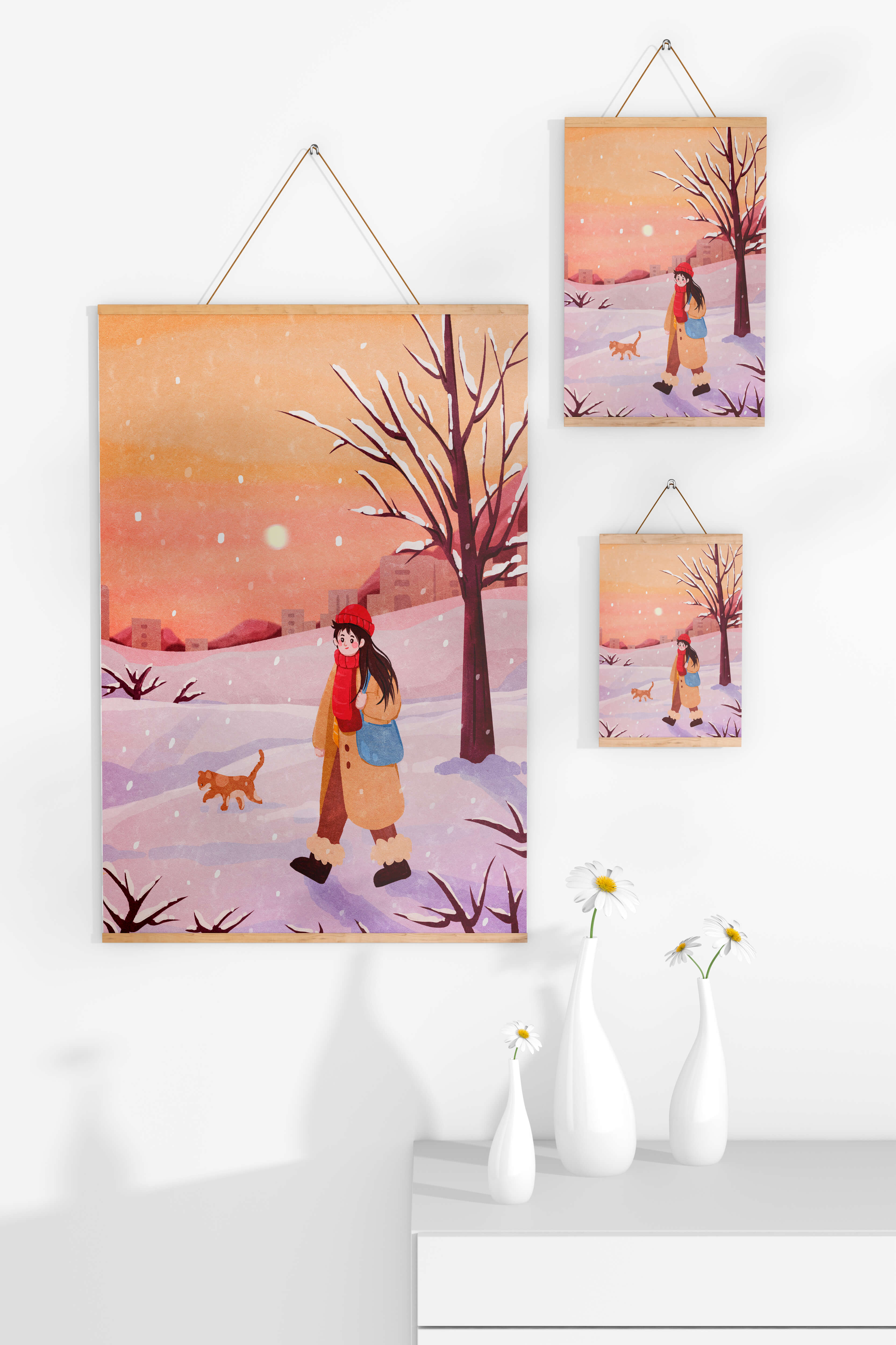 Winter sunset walk with a girl and dog in snowy landscape