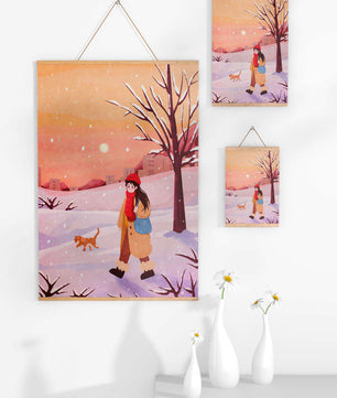 Winter sunset walk with a girl and dog in snowy landscape