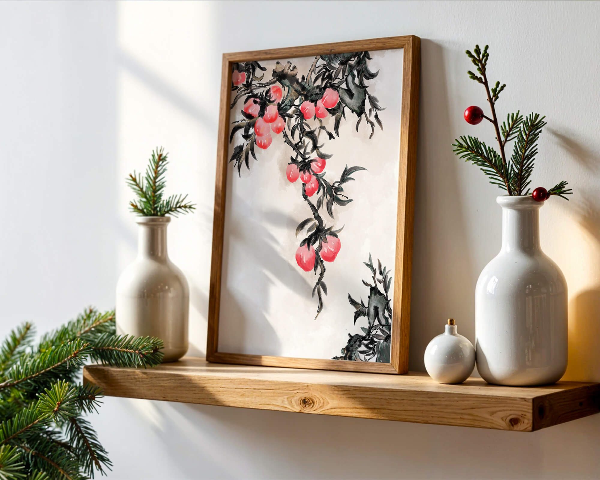 Watercolor Floral Illustration with Red Berries on Branch - Mi tienda