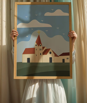 Idyllic Church Landscape with Golden Cross and Blue Sky