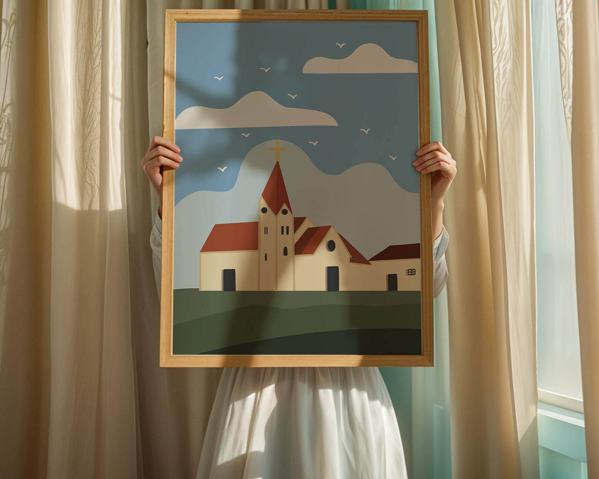 Paisaje idílico de iglesia con cruz dorada y cielo azul