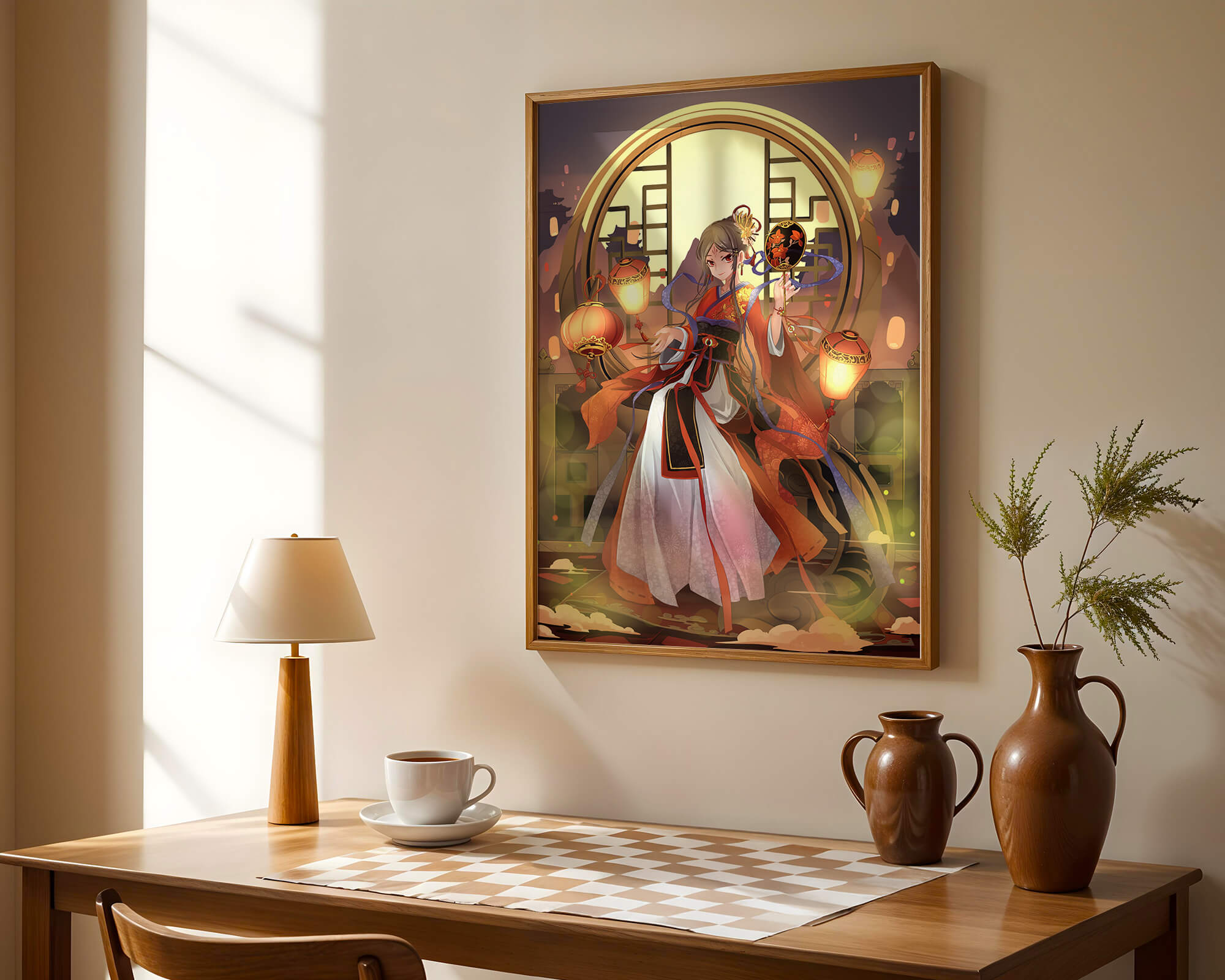 Elegant Asian-inspired fantasy artwork with lanterns