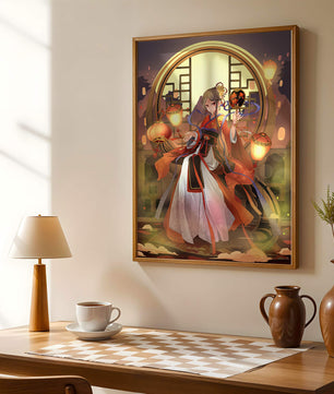 Elegant Asian-inspired fantasy artwork with lanterns