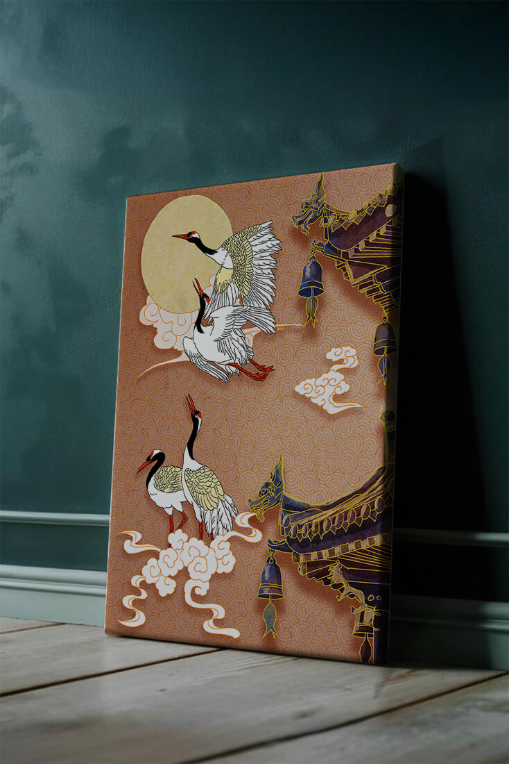 Elegant cranes flying beside traditional Asian architecture under moonlight
