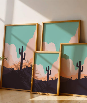 Abstract desert landscape with cactus silhouette at sunset