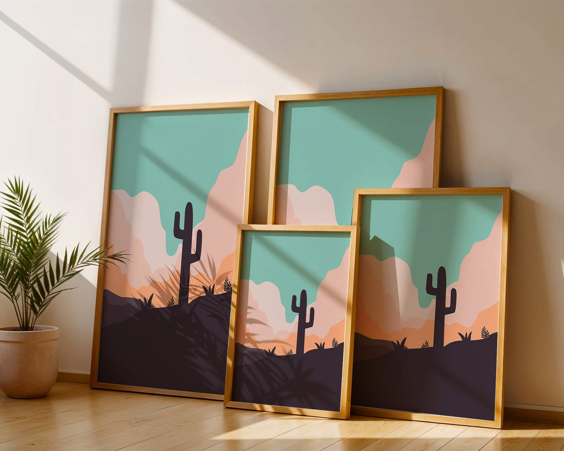 Abstract desert landscape with cactus silhouette at sunset