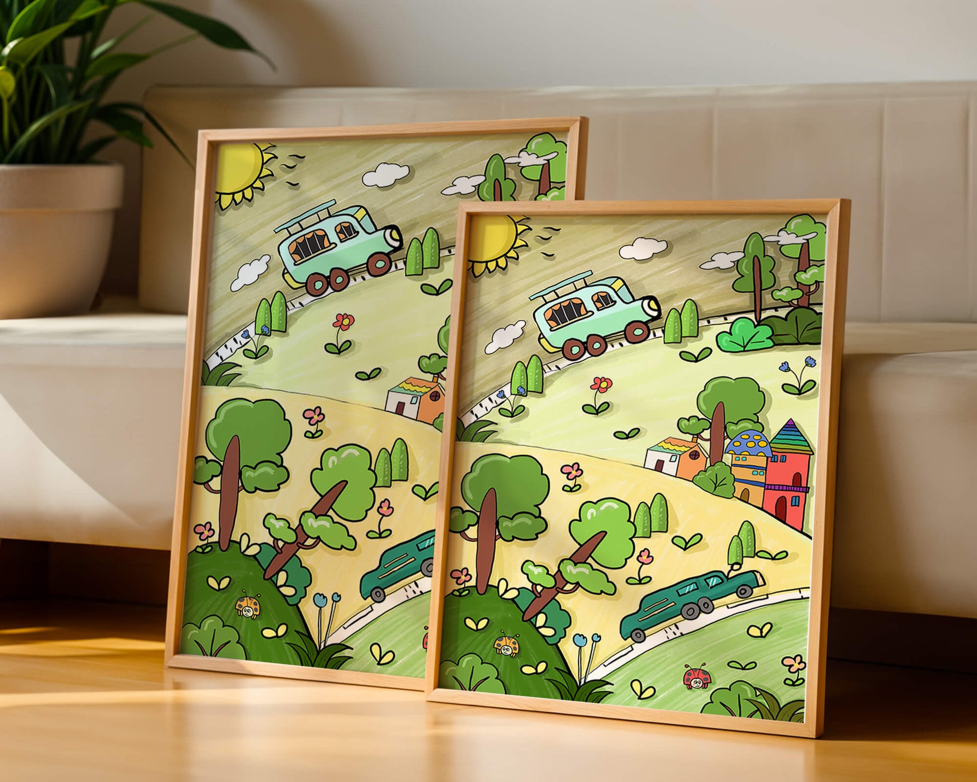 Colorful cartoon landscape with vehicles and nature scene