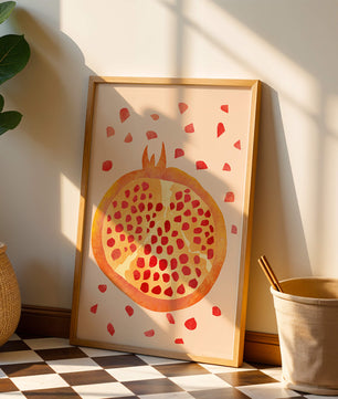 Ilustración abstracta colorida de granada con semillas esparcidas