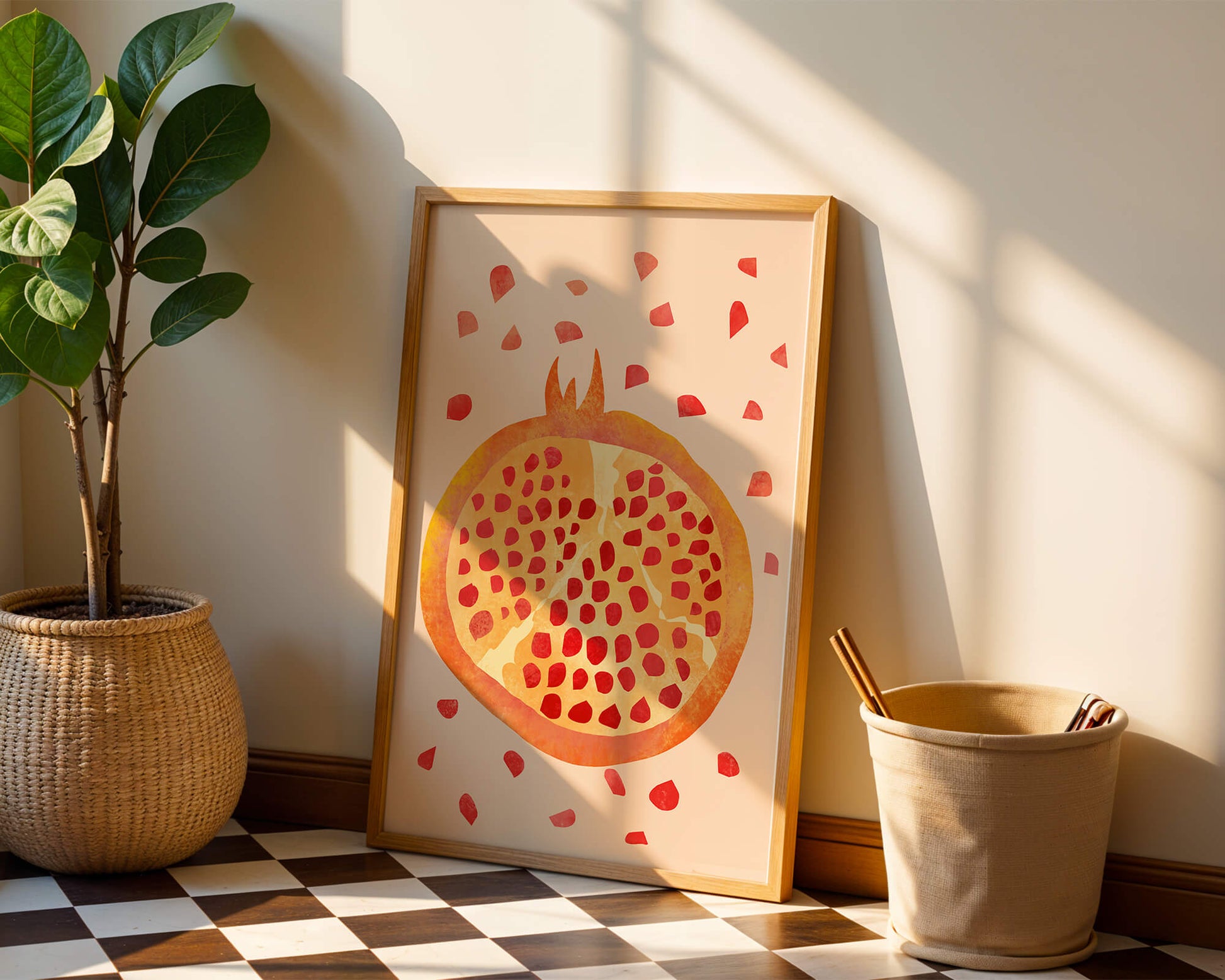 Colorful abstract pomegranate illustration with scattered seeds