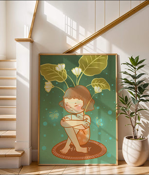 Ilustración de un niño con tocado floral y mariposas