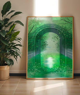 Un túnel de jardín verde sereno con agua reflectante