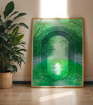 A serene green garden tunnel with reflective water