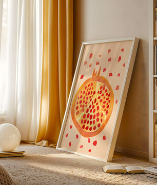 Ilustración abstracta colorida de granada con semillas esparcidas