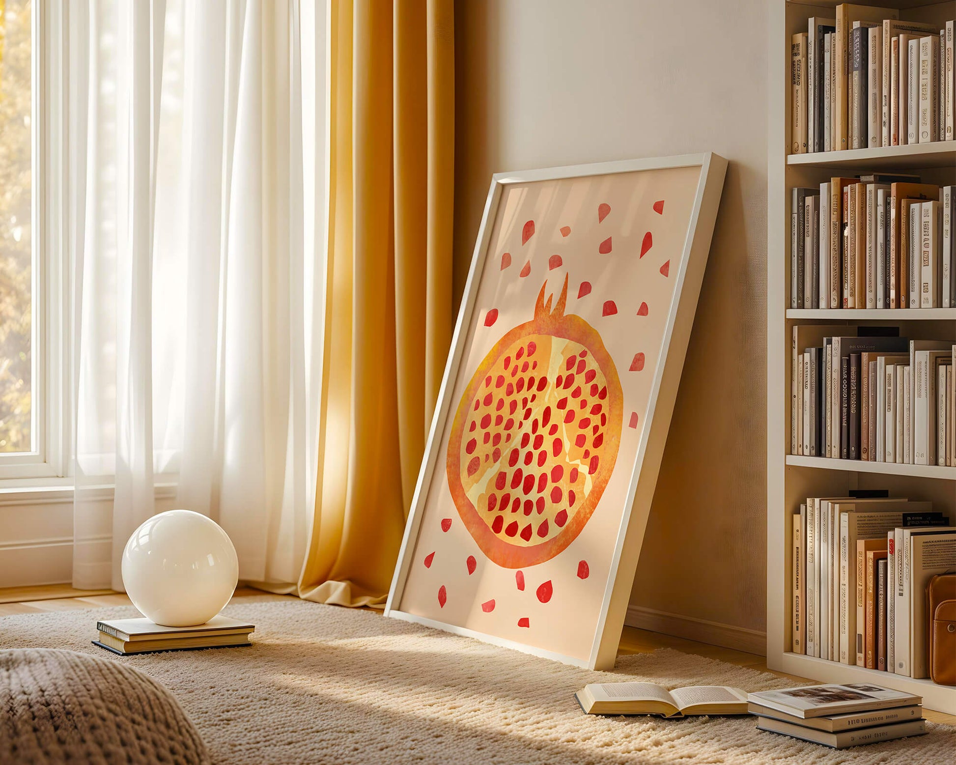 Colorful abstract pomegranate illustration with scattered seeds