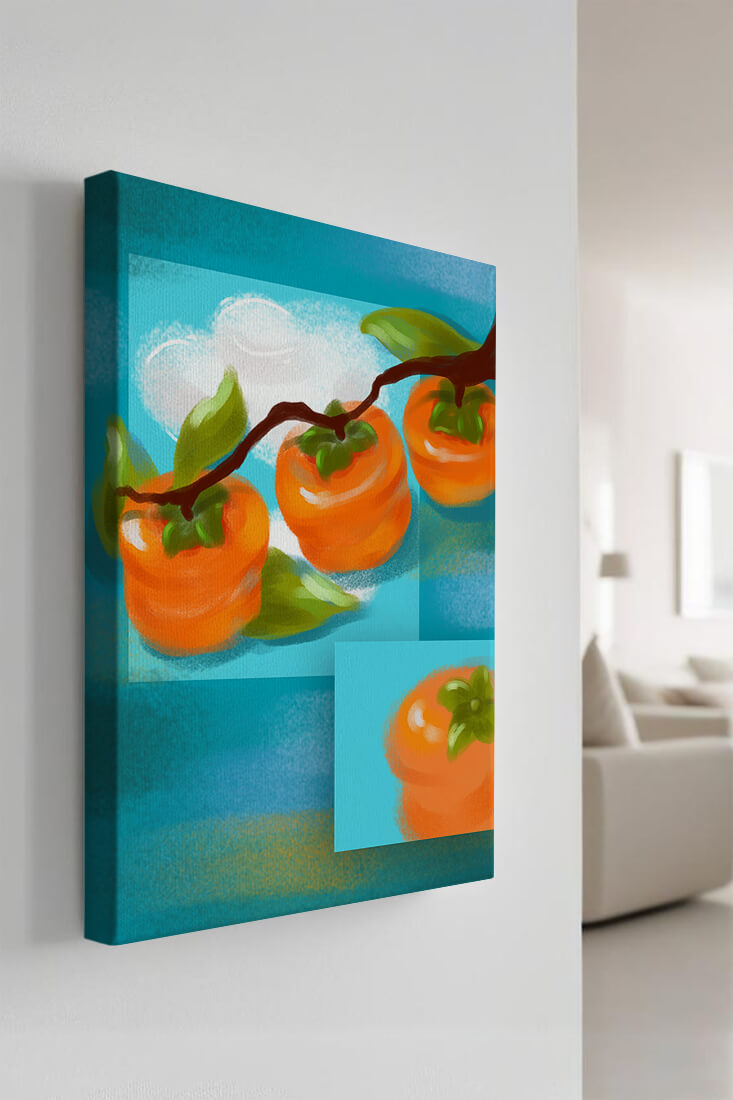 Vibrant persimmons on a branch with a blue background