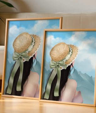 Woman with straw hat and mountain view under blue sky