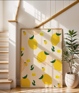 Playful lemon pattern with green leaves and abstract shapes