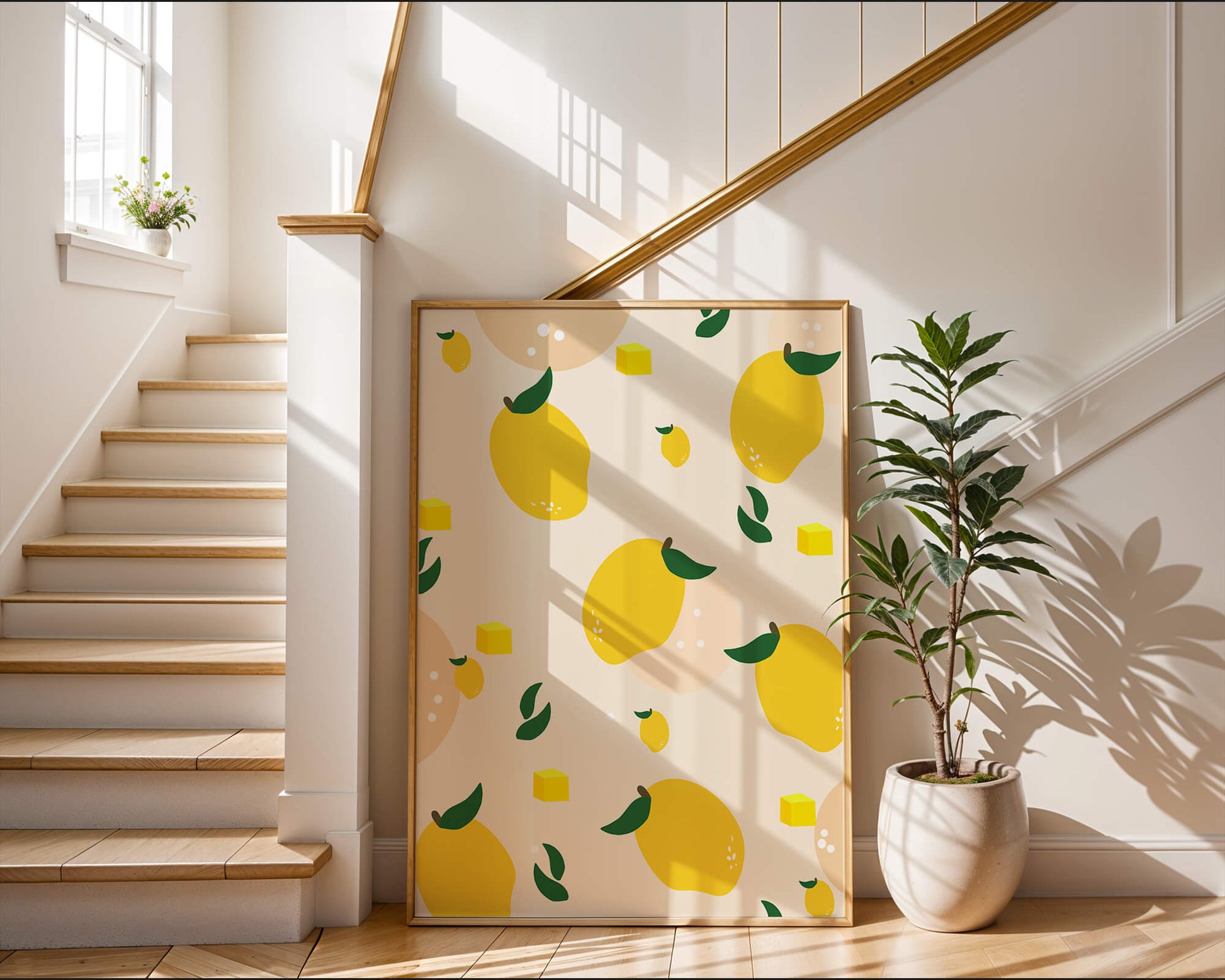 Playful lemon pattern with green leaves and abstract shapes