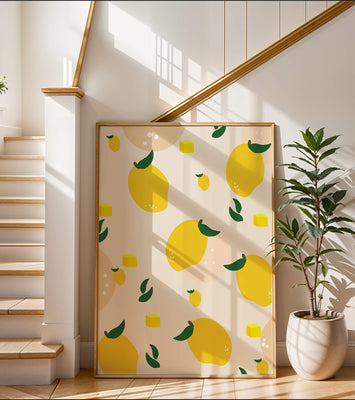 Playful lemon pattern with green leaves and abstract shapes