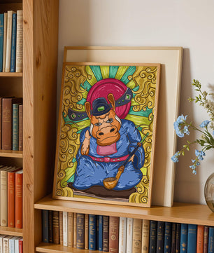 Ilustración colorida de un personaje animal caprichoso con alrededores ornamentados