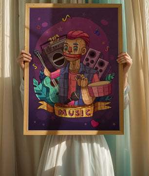 Illustration colorée sur le thème de la musique avec un personnage et des instruments