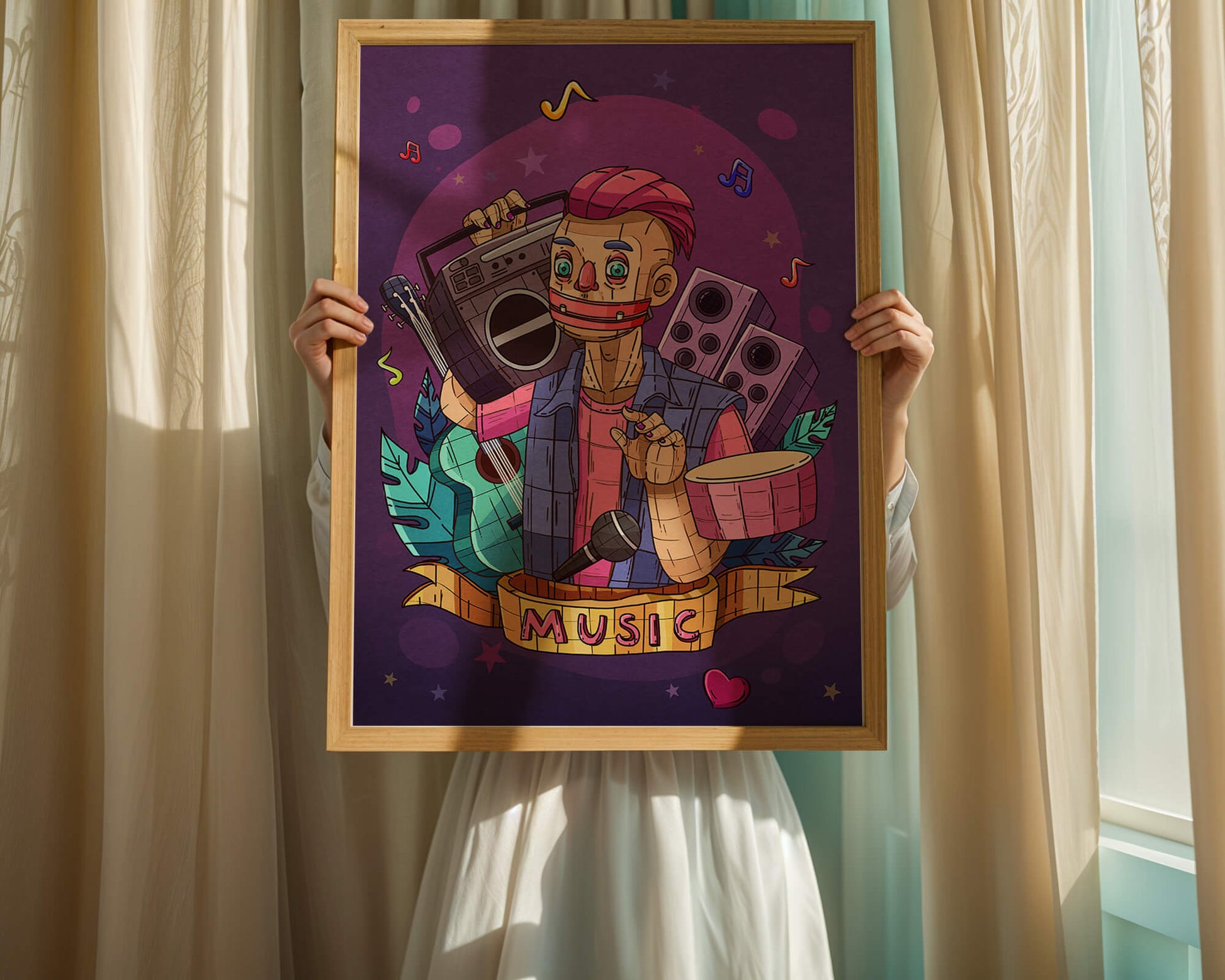 Illustration colorée sur le thème de la musique avec un personnage et des instruments