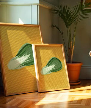 Illustrated bok choy on vibrant yellow background with stripes