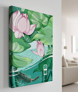 Illustration nature sereine avec fleurs de lotus et vie aquatique