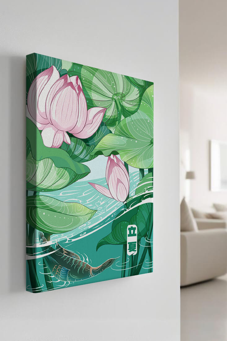 Ilustración de la naturaleza serena con flores de loto y vida acuática