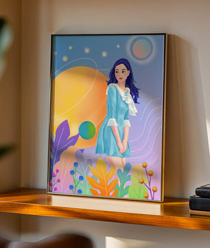 Ilustración de fantasía de una mujer en un jardín cósmico con colores vibrantes
