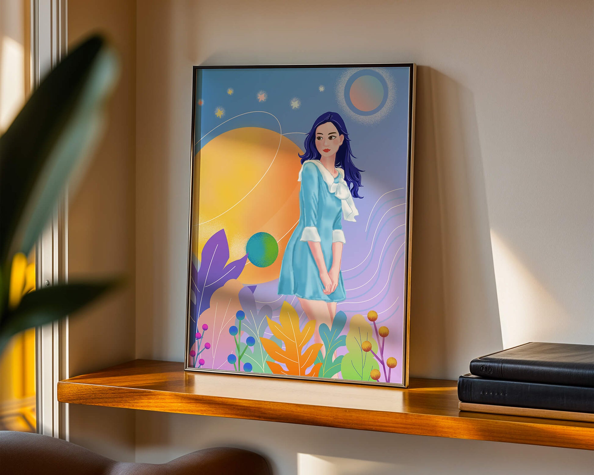 Ilustración de fantasía de una mujer en un jardín cósmico con colores vibrantes