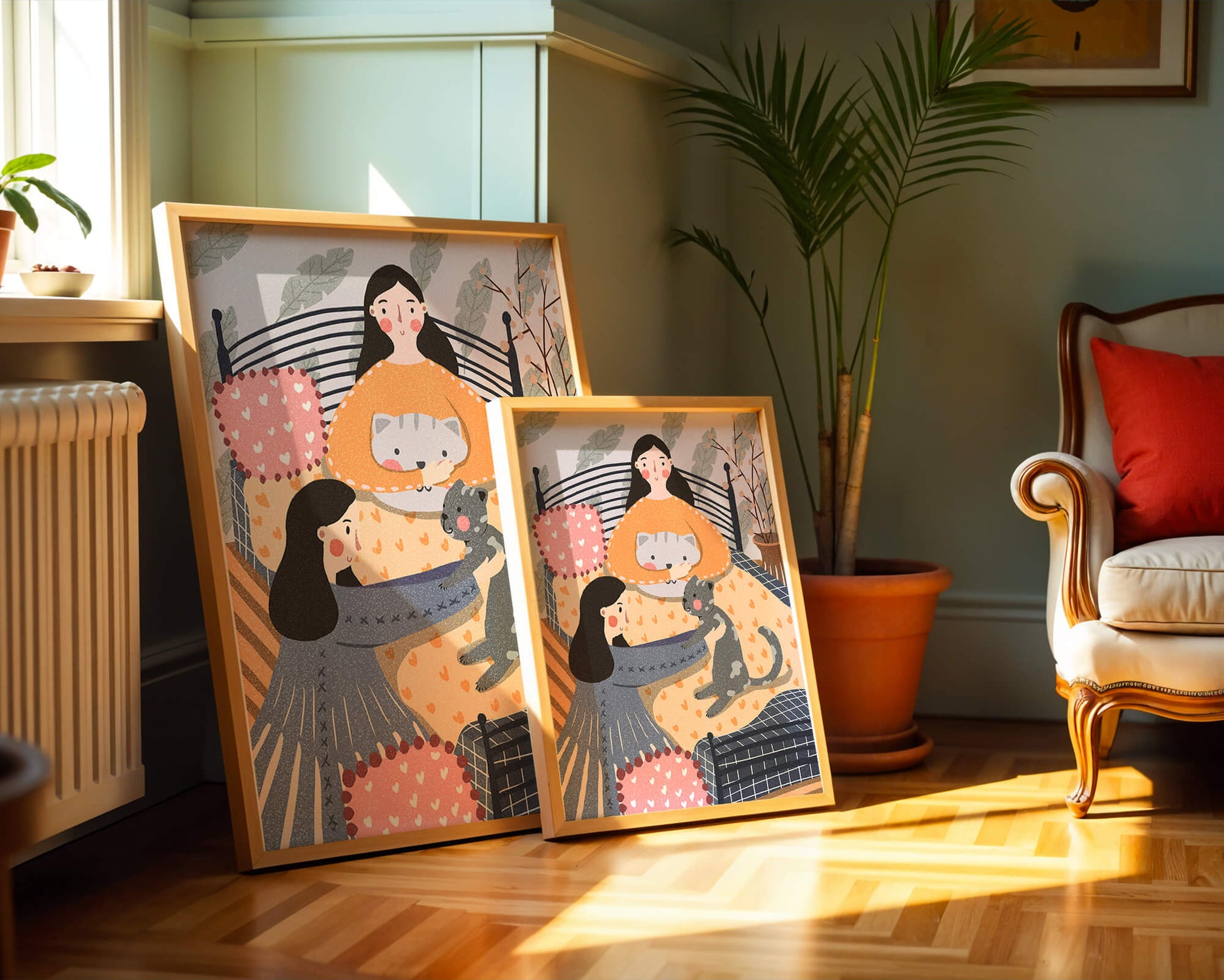 Escena interior acogedora con mujeres, gatos y elementos decorativos