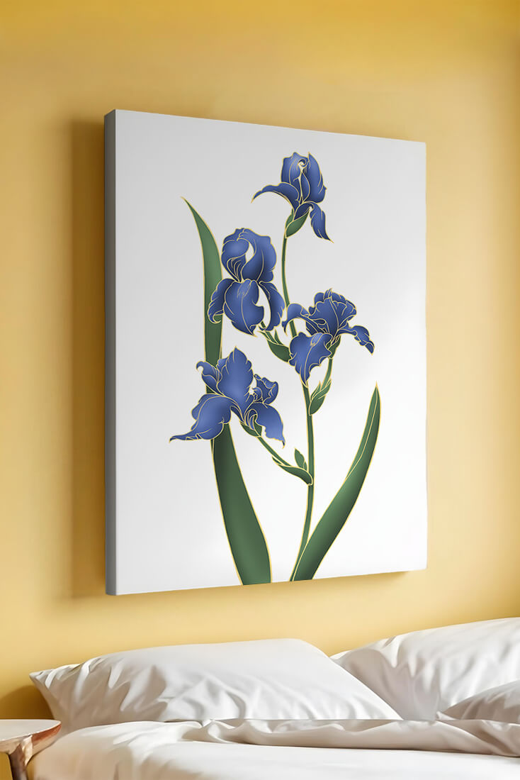 Flores de lirio azul elegantes con acentos dorados sobre un fondo blanco