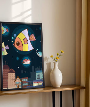 Poisson de dessin animé flottant au-dessus d'une ville nocturne avec des étoiles