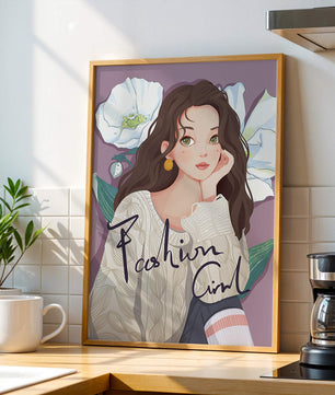 Illustrated fashion girl with floral background and purple theme