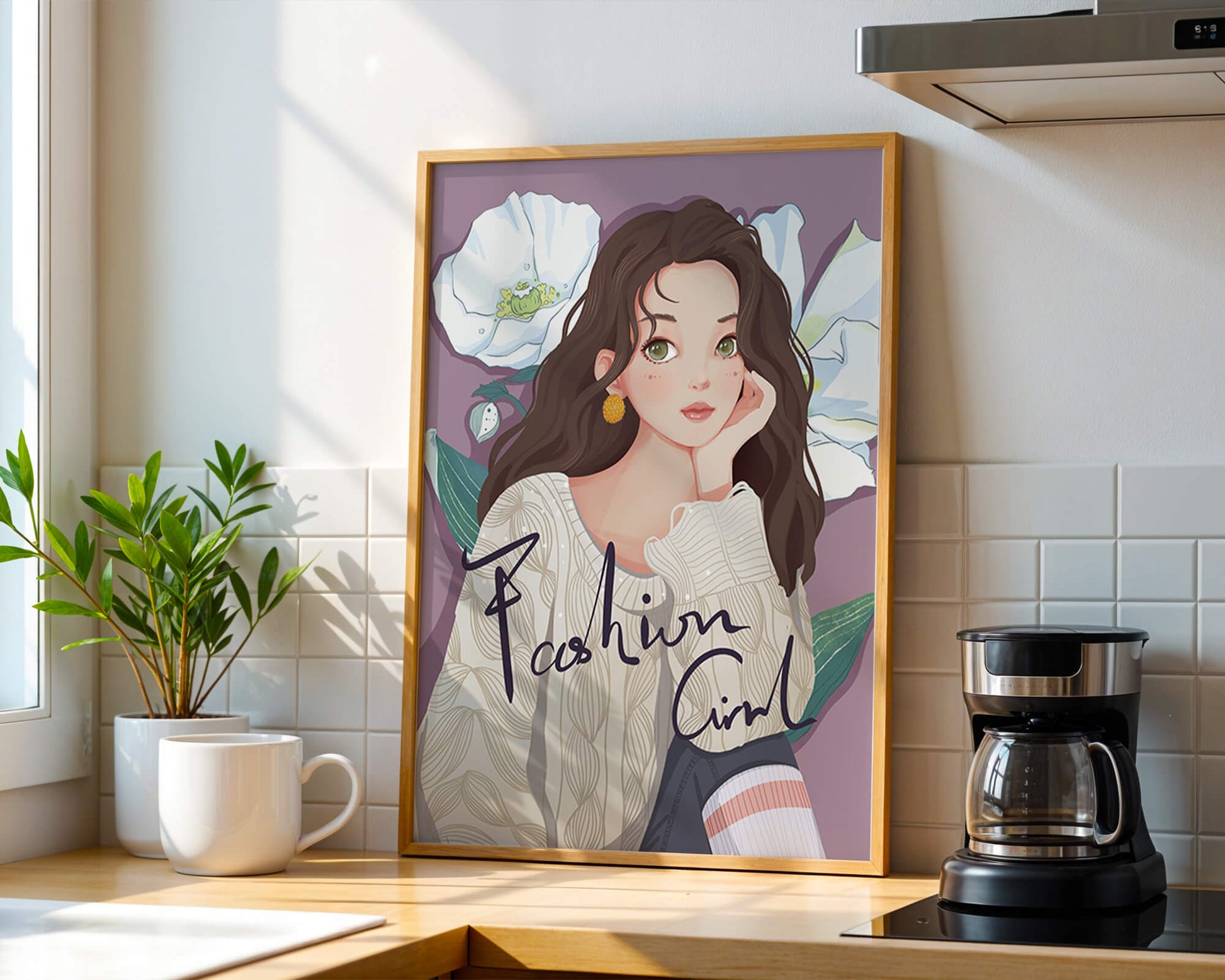 Illustrated fashion girl with floral background and purple theme